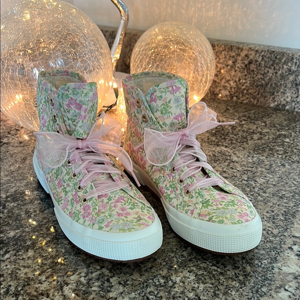 LoveShackFancy x Superga Floral Sneakers with Tulle Pink Laces